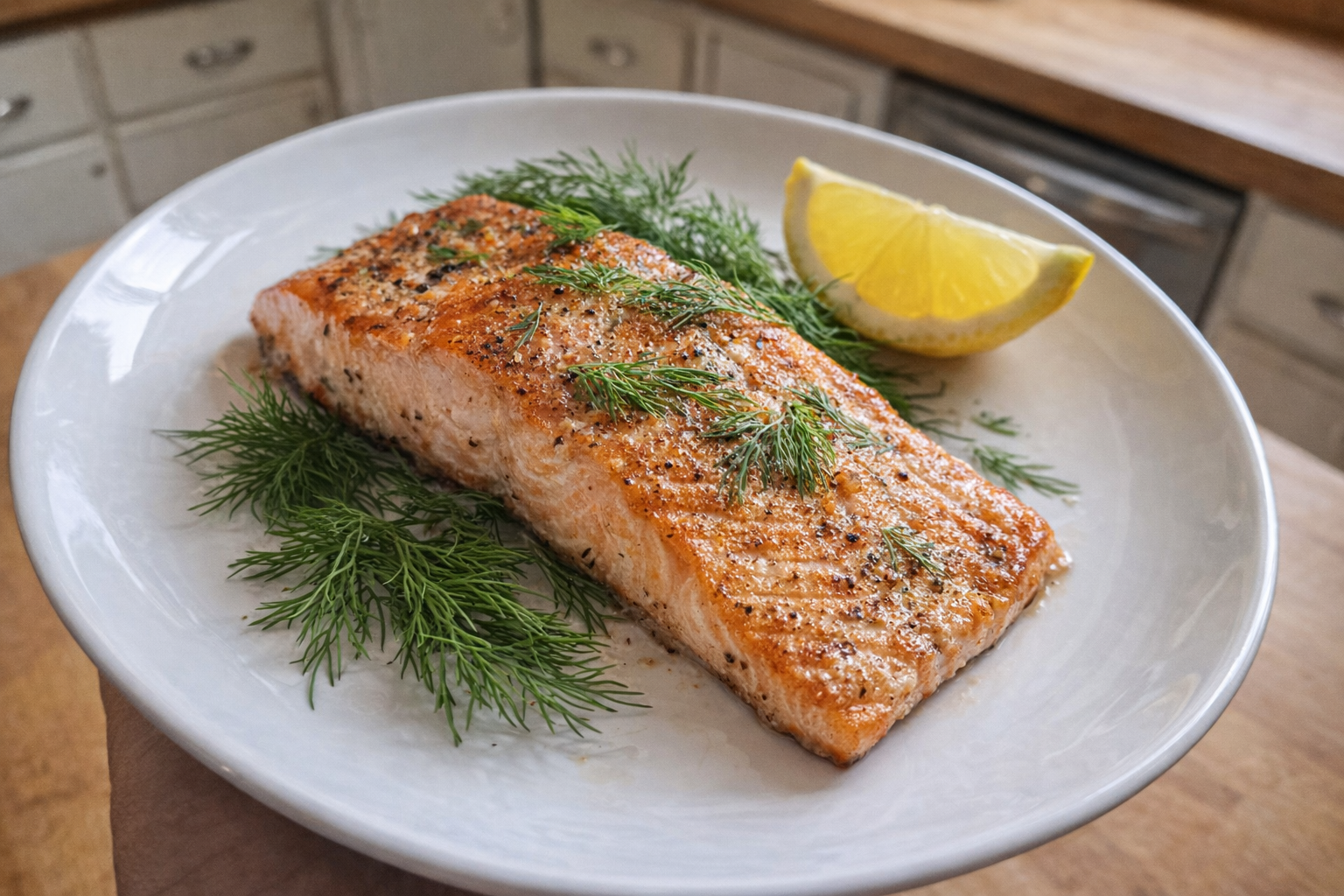 An overhead shot of a perfectly baked salmon fillet on a white plate, garnished with fresh dill and a lemon wedge, warm, natural lighting